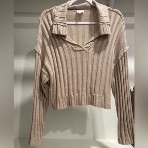 Ribbed Tan Collared Sweater